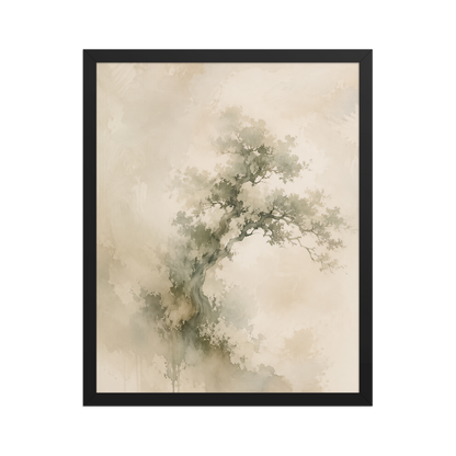 Framed minimalist nature-inspired poster featuring an emerging tree form in soft earthy neutral tones.