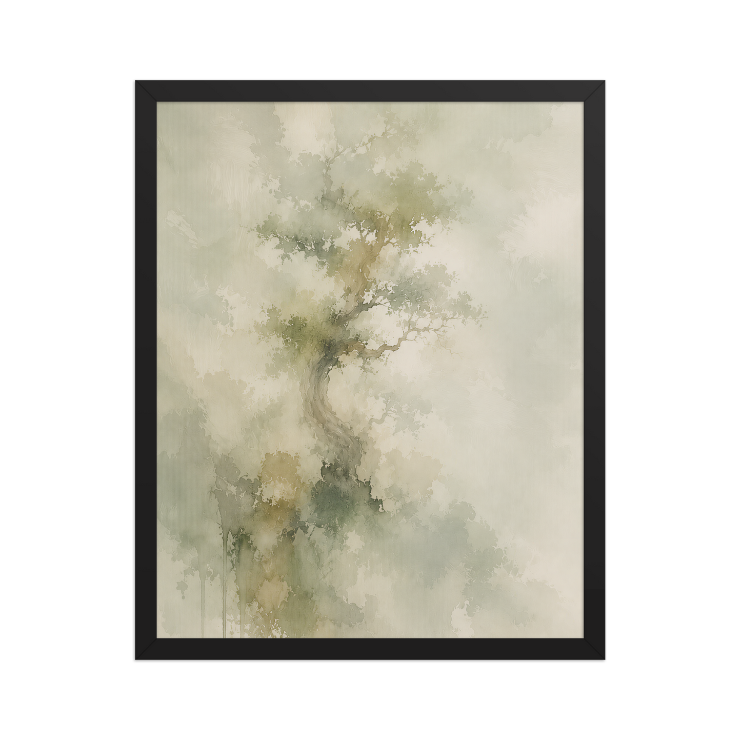 Framed minimalist nature-inspired poster featuring a softly emerging tree form in muted neutral tones and organic watercolor textures.