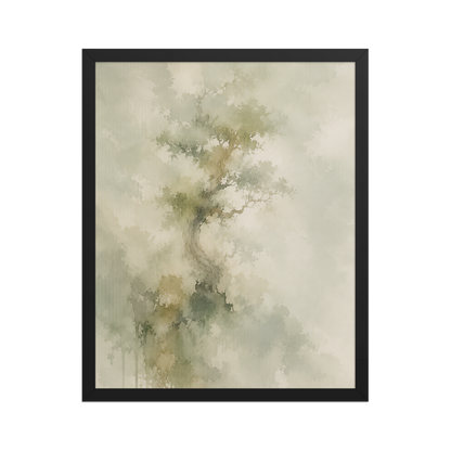 Framed minimalist nature-inspired poster featuring a softly emerging tree form in muted neutral tones and organic watercolor textures.