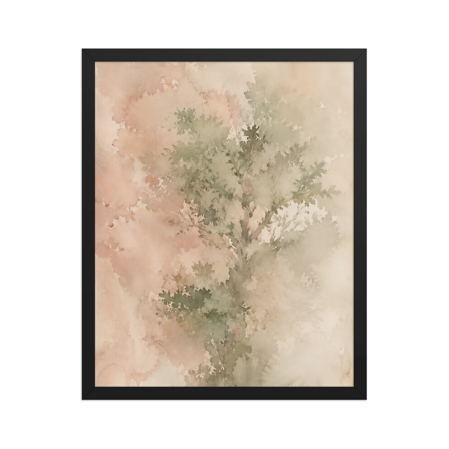 Framed minimalist nature-inspired poster featuring a softly emerging tree form in blush, sage, and warm neutral tones.