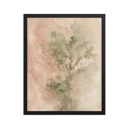 Framed minimalist nature-inspired poster featuring a softly emerging tree form in blush, sage, and warm neutral tones.