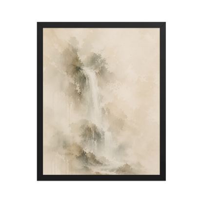 Framed waterfall-inspired poster featuring soft flowing forms in warm neutral and muted earth tones.
