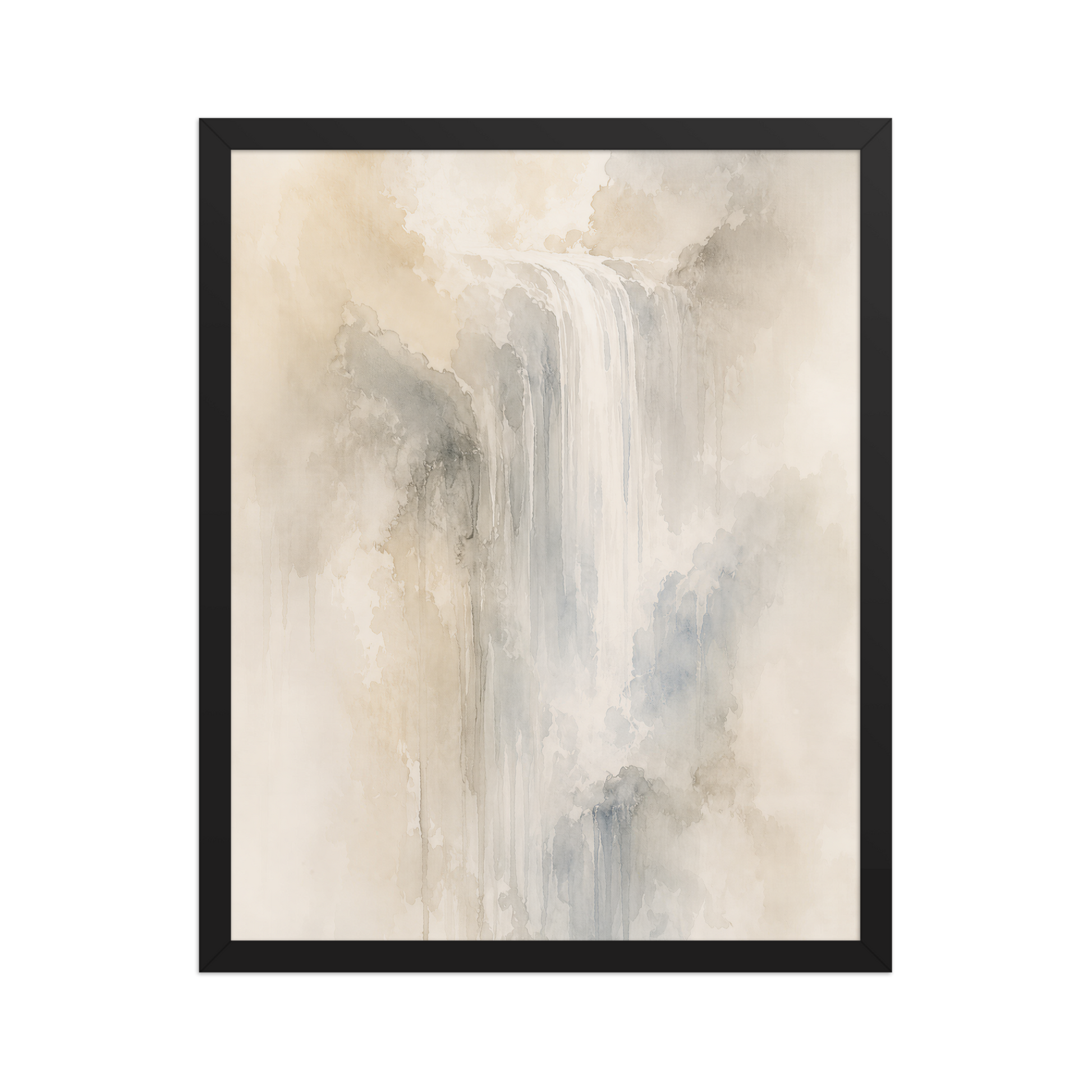Framed waterfall-inspired poster with soft flowing forms in warm neutrals, misty blues, and subtle organic textures.