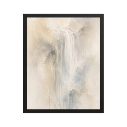Framed waterfall-inspired poster with soft flowing forms in warm neutrals, misty blues, and subtle organic textures.