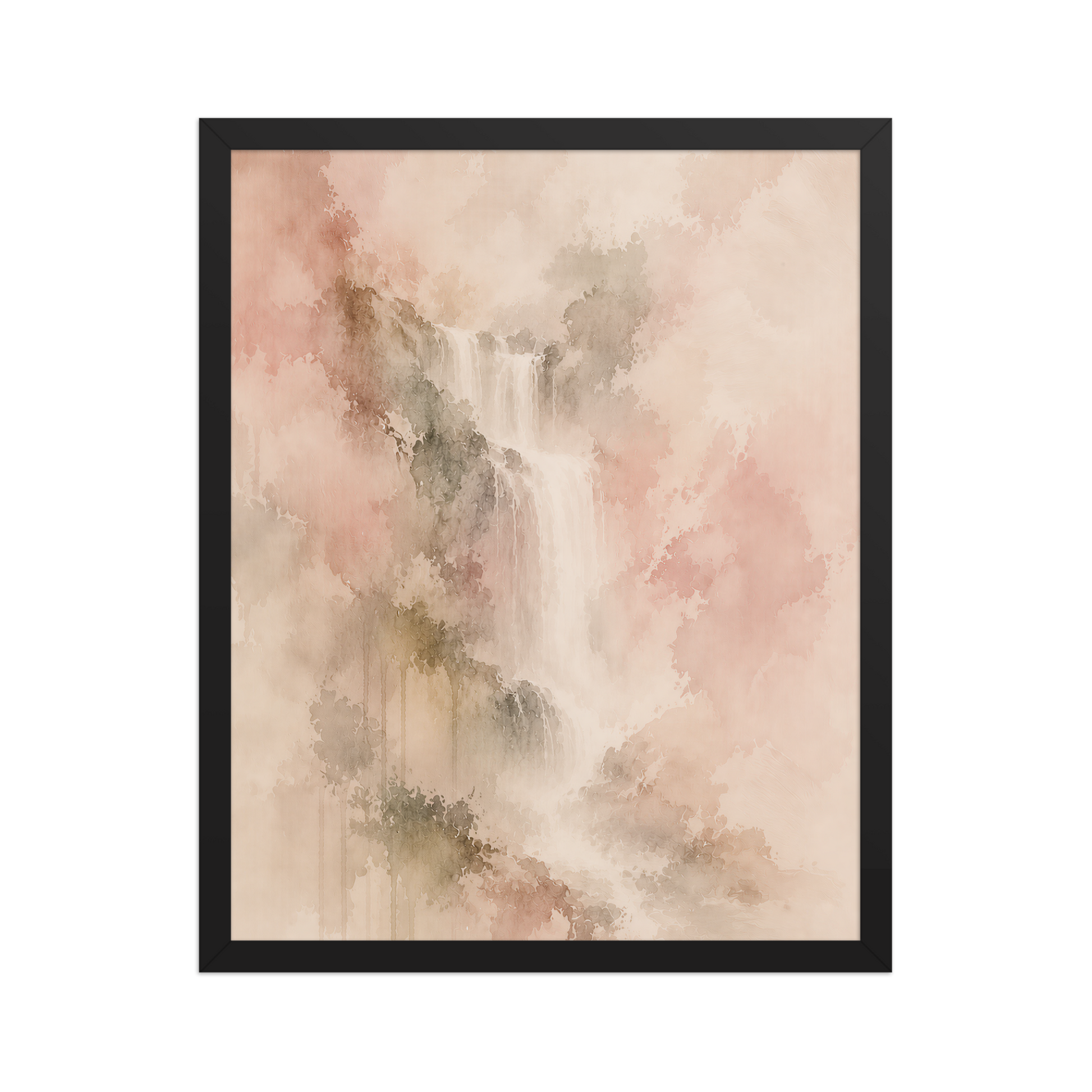 Framed waterfall-inspired poster featuring soft flowing forms in blush, warm neutral, and muted earth tones.