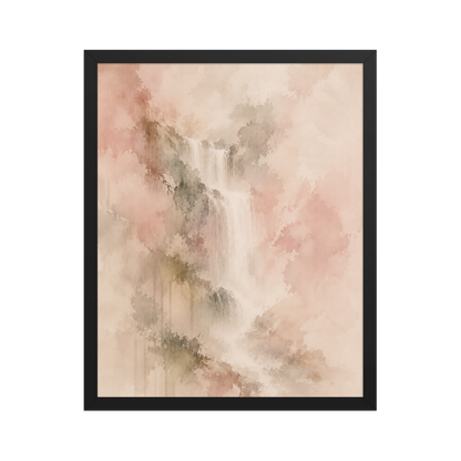 Framed waterfall-inspired poster featuring soft flowing forms in blush, warm neutral, and muted earth tones.