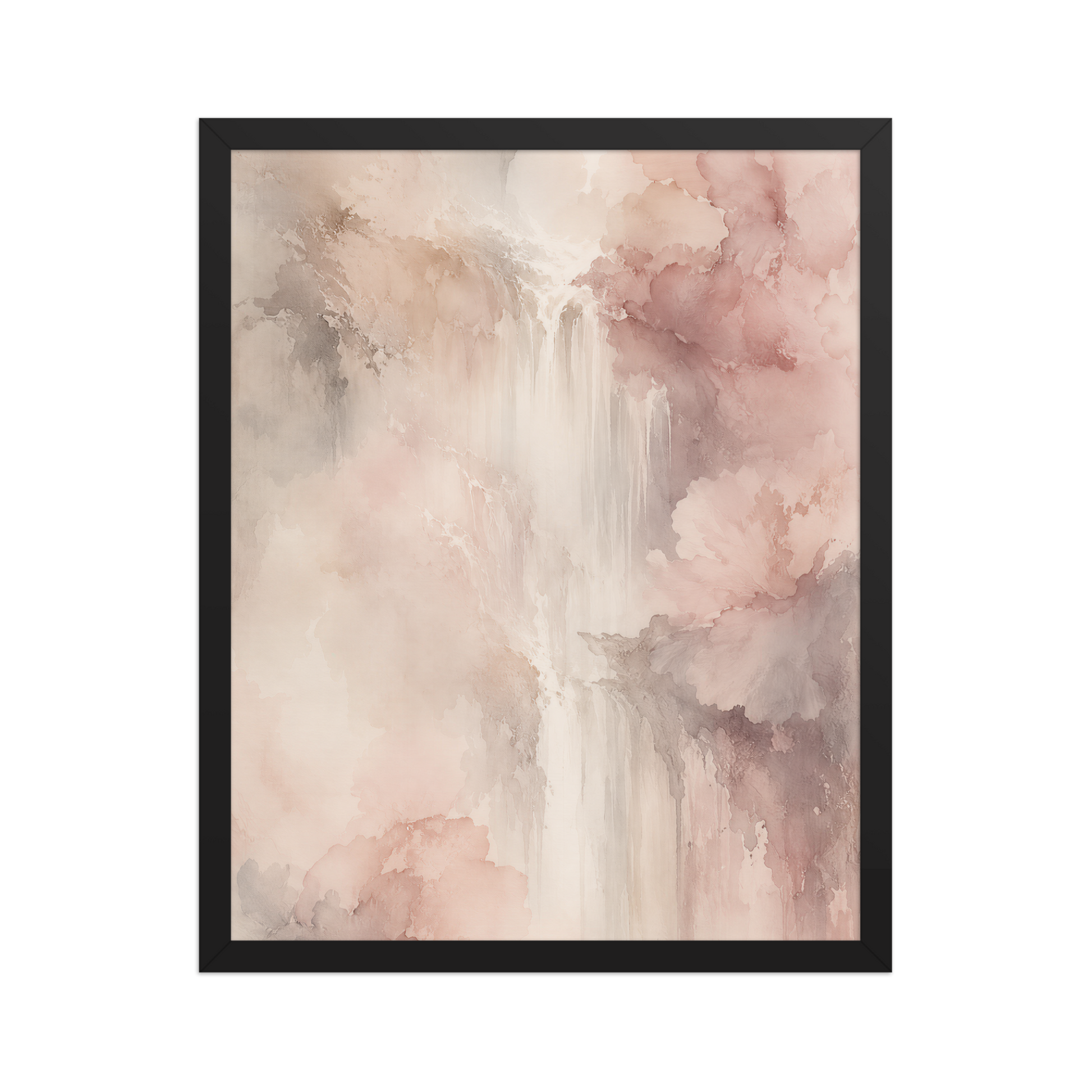 Framed waterfall-inspired poster featuring soft flowing forms in blush pink, warm neutrals, and muted earth tones.