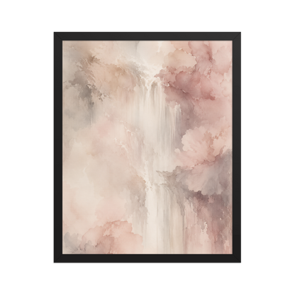 Framed waterfall-inspired poster featuring soft flowing forms in blush pink, warm neutrals, and muted earth tones.