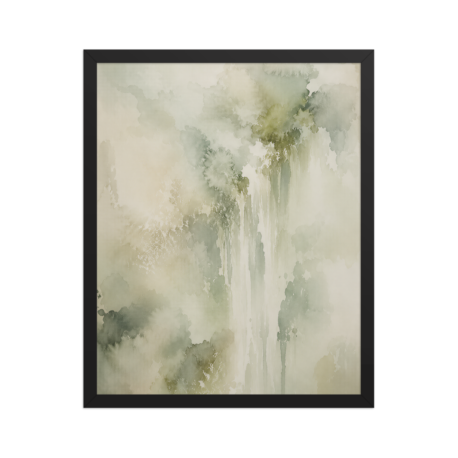 Framed waterfall-inspired poster featuring soft flowing forms in sage green, warm neutrals, and muted natural tones.