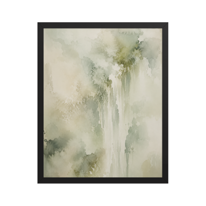 Framed waterfall-inspired poster featuring soft flowing forms in sage green, warm neutrals, and muted natural tones.