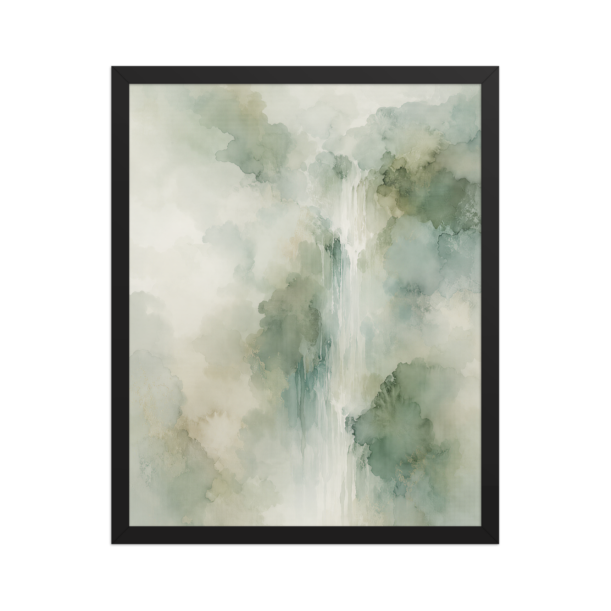 Framed waterfall-inspired poster with soft sage green tones, flowing water, and organic watercolor textures.