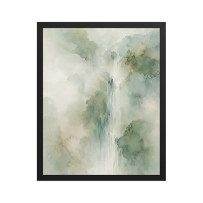 Framed waterfall-inspired poster with soft sage green tones, flowing water, and organic watercolor textures.