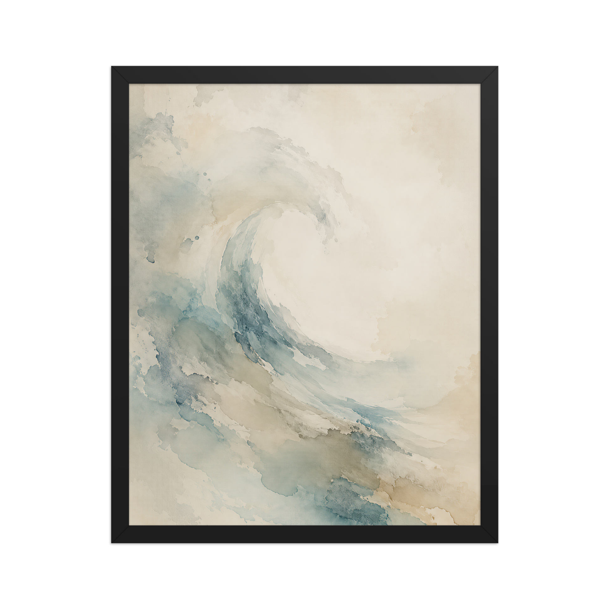 Framed ocean wave-inspired poster with flowing watercolor textures in soft blue, sand, and warm neutral tones.