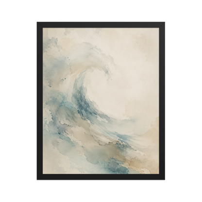 Framed ocean wave-inspired poster with flowing watercolor textures in soft blue, sand, and warm neutral tones.