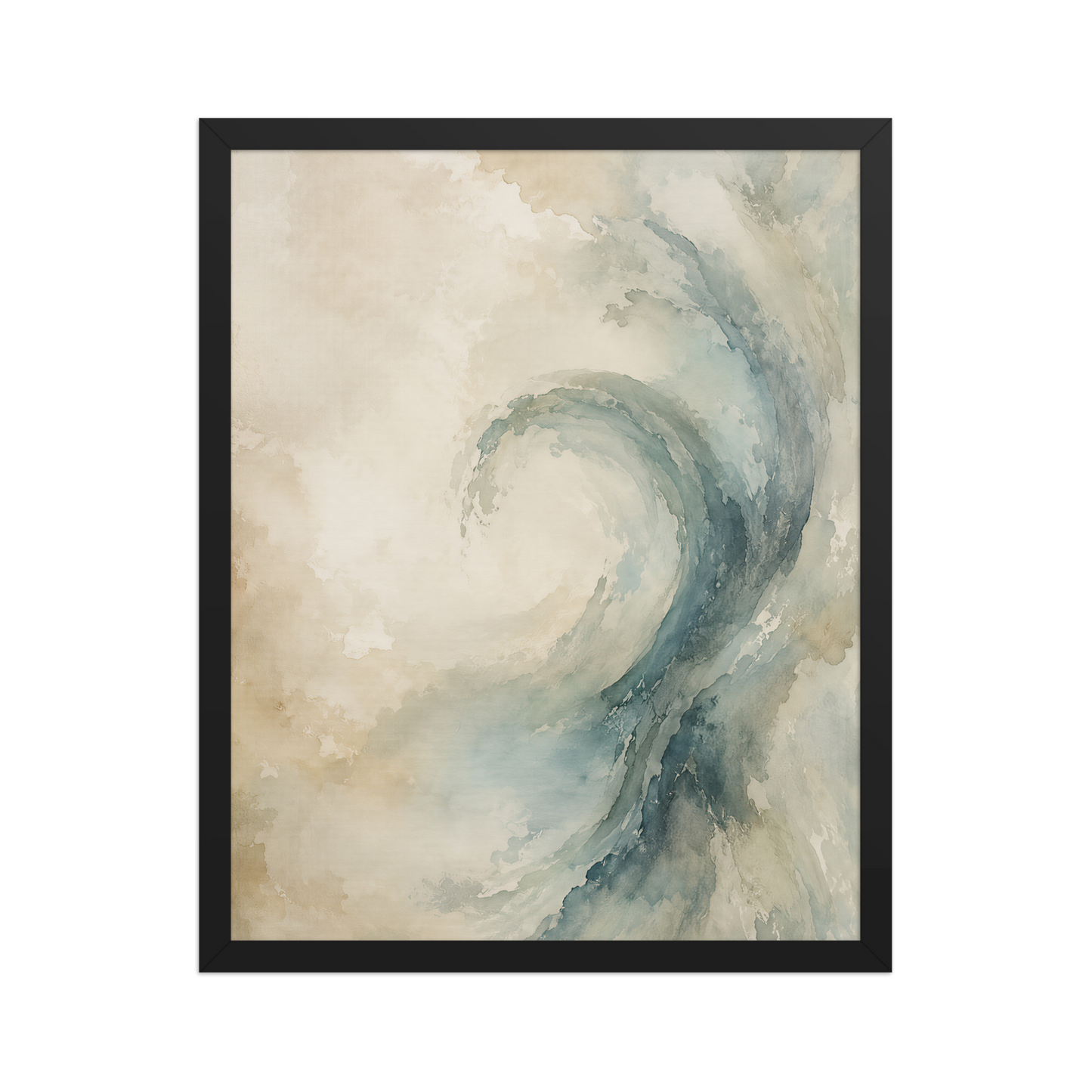 Framed ocean wave-inspired poster with flowing watercolor textures in soft blue, ivory, and warm neutral tones.