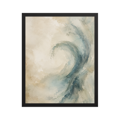 Framed ocean wave-inspired poster with flowing watercolor textures in soft blue, ivory, and warm neutral tones.