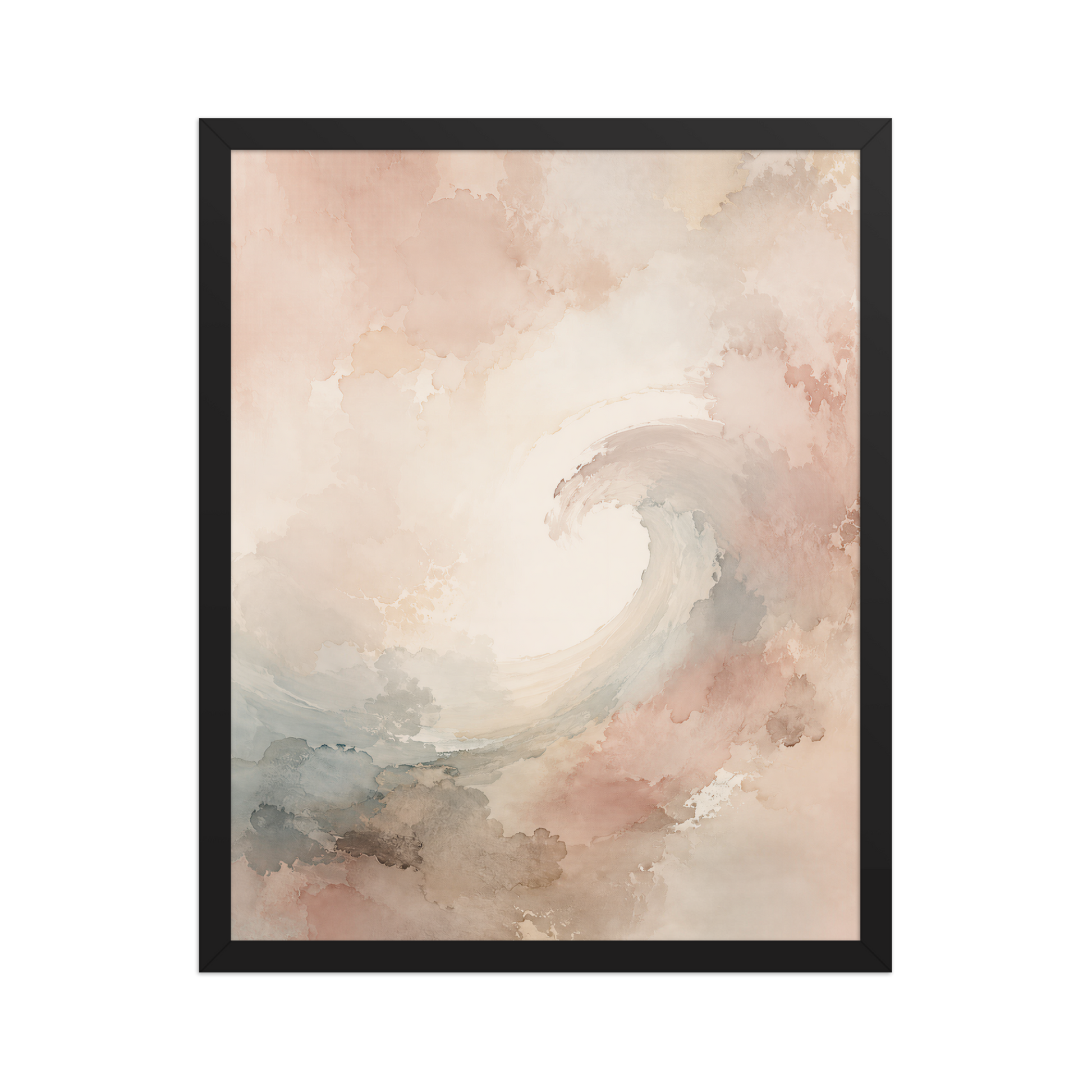 Framed ocean wave-inspired poster with flowing watercolor textures in blush, soft blue, and warm neutral tones.