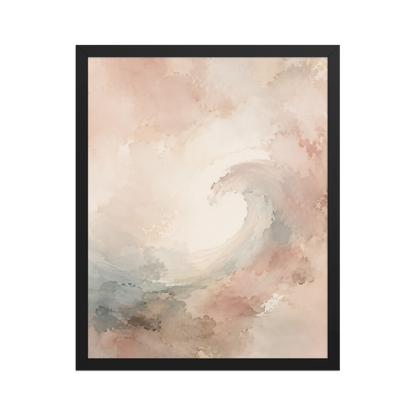 Framed ocean wave-inspired poster with flowing watercolor textures in blush, soft blue, and warm neutral tones.