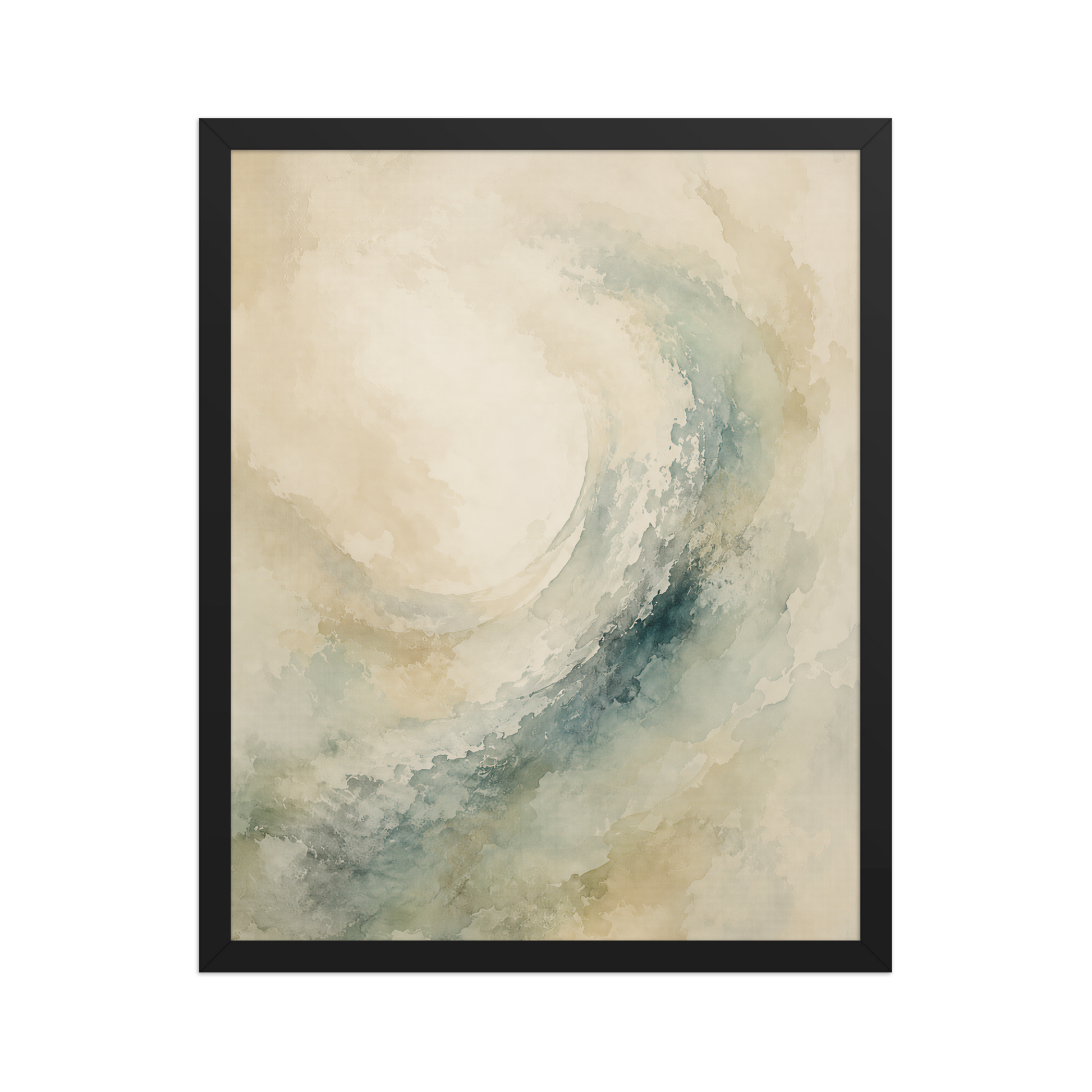 Framed ocean wave-inspired poster with flowing watercolor textures in soft blue, sage, and warm neutral tones.