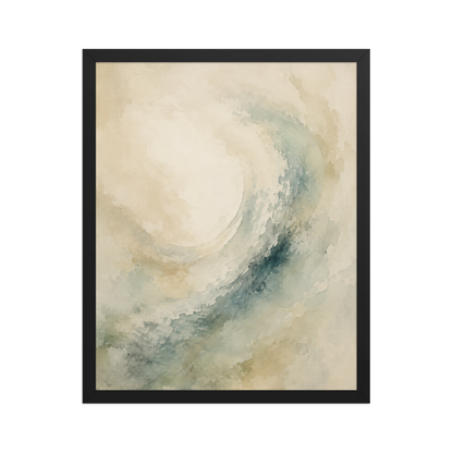 Framed ocean wave-inspired poster with flowing watercolor textures in soft blue, sage, and warm neutral tones.