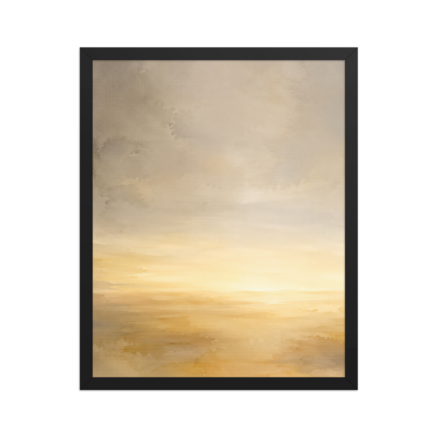 Framed sunrise poster featuring a glowing ocean horizon with soft watercolor textures in warm gold, ivory, and neutral tones.