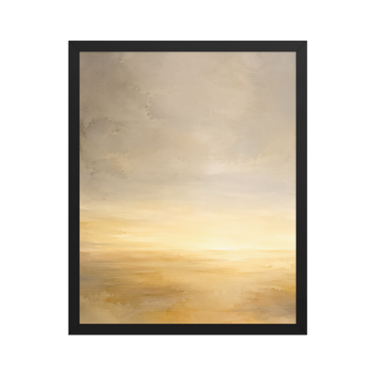 Framed sunrise poster featuring a glowing ocean horizon with soft watercolor textures in warm gold, ivory, and neutral tones.