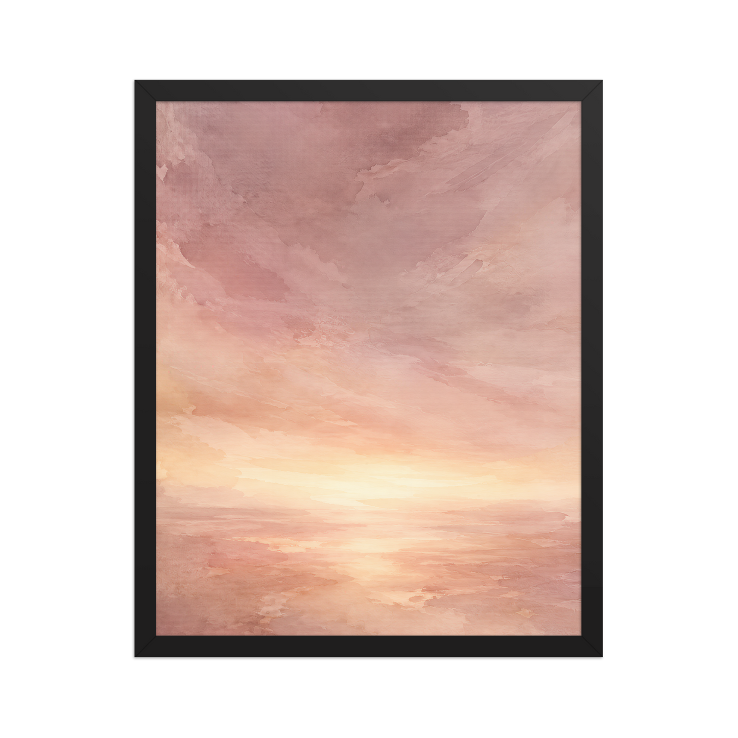 Framed sunrise poster with a glowing blush ocean horizon and soft watercolor textures in pink, peach, and warm neutral tones.