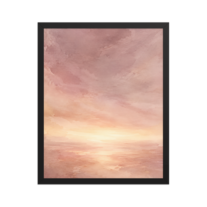 Framed sunrise poster with a glowing blush ocean horizon and soft watercolor textures in pink, peach, and warm neutral tones.