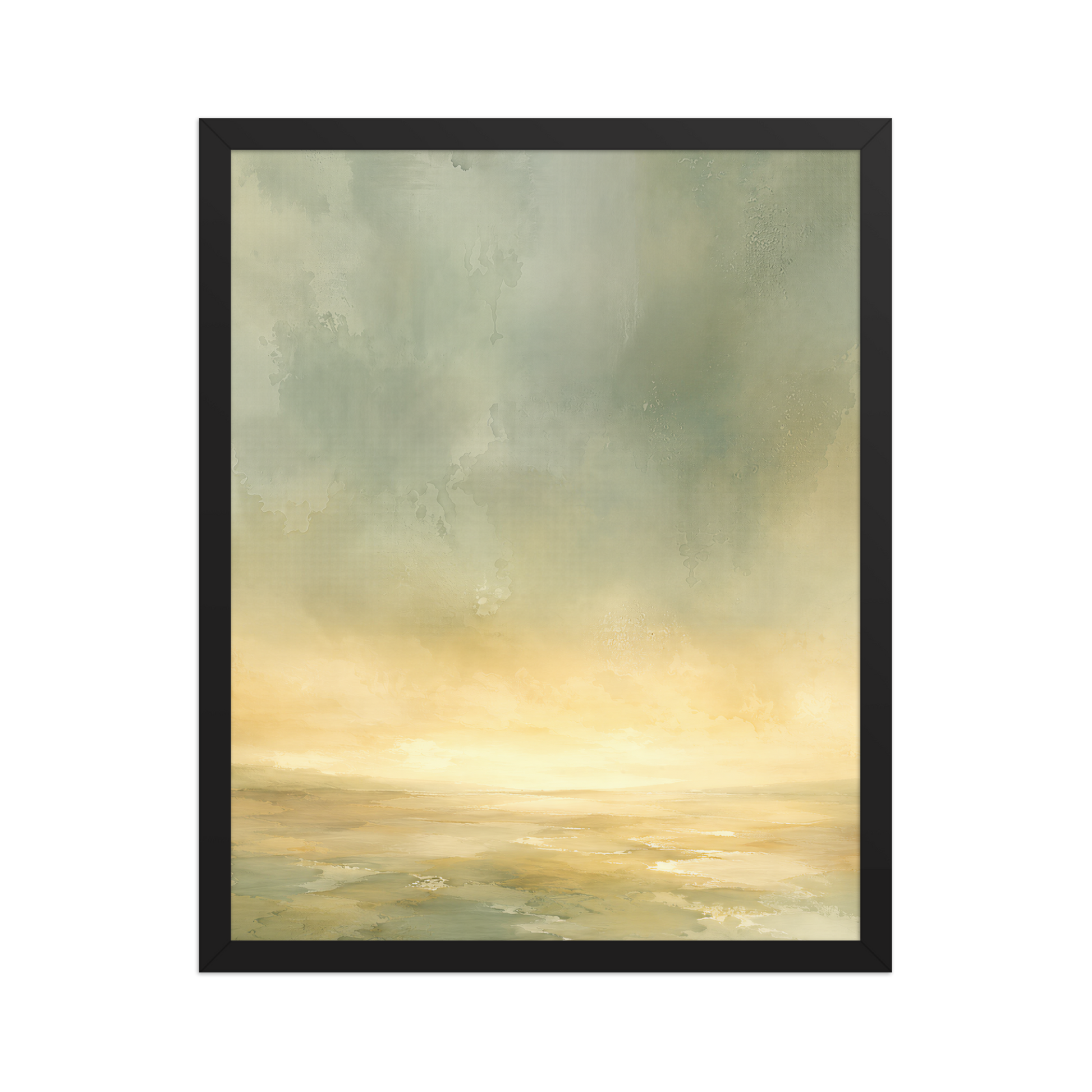 Framed sunrise poster featuring a glowing ocean horizon with soft sage green, warm gold, and watercolor textures.