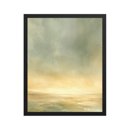 Framed sunrise poster featuring a glowing ocean horizon with soft sage green, warm gold, and watercolor textures.