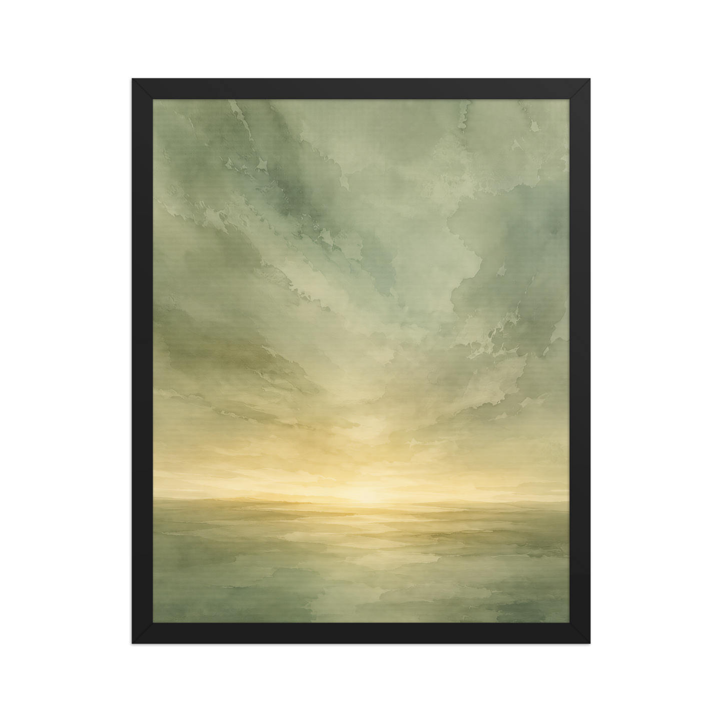 Framed sunrise poster featuring a glowing ocean horizon with soft sage green watercolor textures and warm golden light.