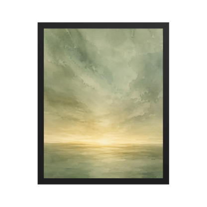 Framed sunrise poster featuring a glowing ocean horizon with soft sage green watercolor textures and warm golden light.