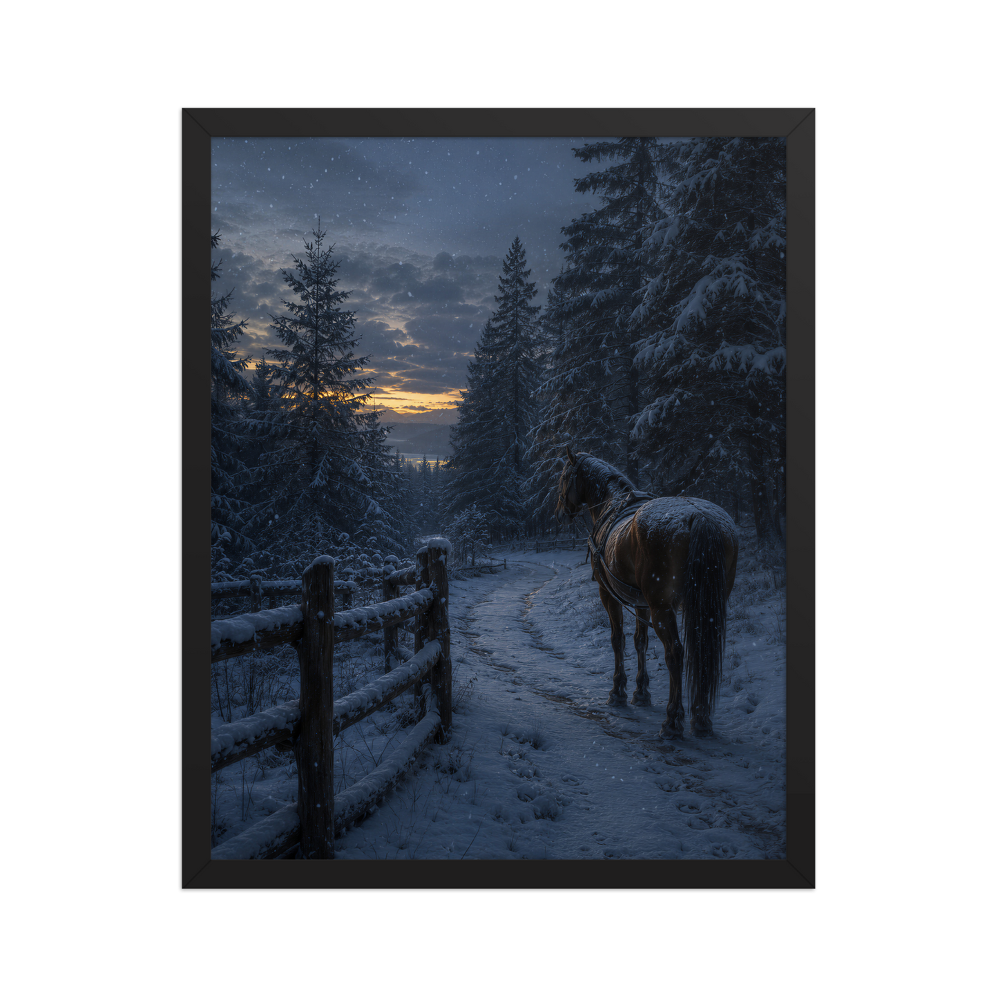 Framed winter forest poster featuring a lone horse on a snowy woodland path at twilight, inspired by Robert Frost's Miles to go, original Visual Poetry artwork.