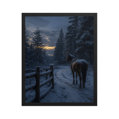 Framed winter forest poster featuring a lone horse on a snowy woodland path at twilight, inspired by Robert Frost's Miles to go, original Visual Poetry artwork.