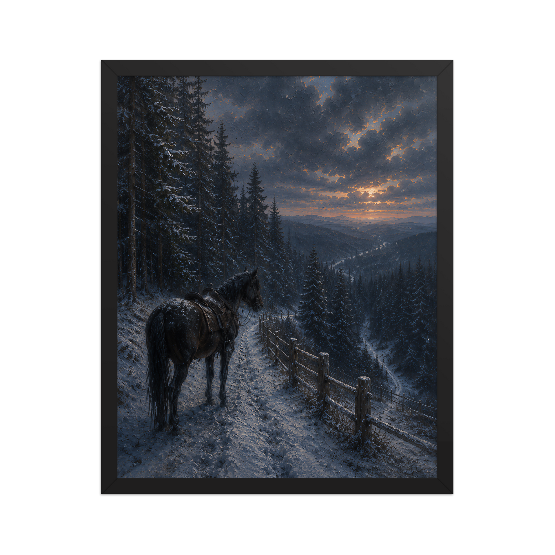 Framed mountain trail poster featuring a lone horse overlooking a snowy valley at winter sunset, inspired by Robert Frost's The Road Not Taken, original Visual Poetry artwork.