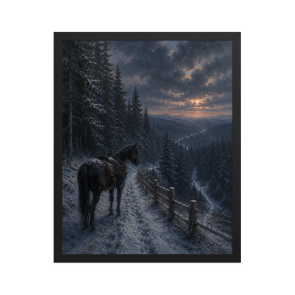 Framed mountain trail poster featuring a lone horse overlooking a snowy valley at winter sunset, inspired by Robert Frost's The Road Not Taken, original Visual Poetry artwork.
