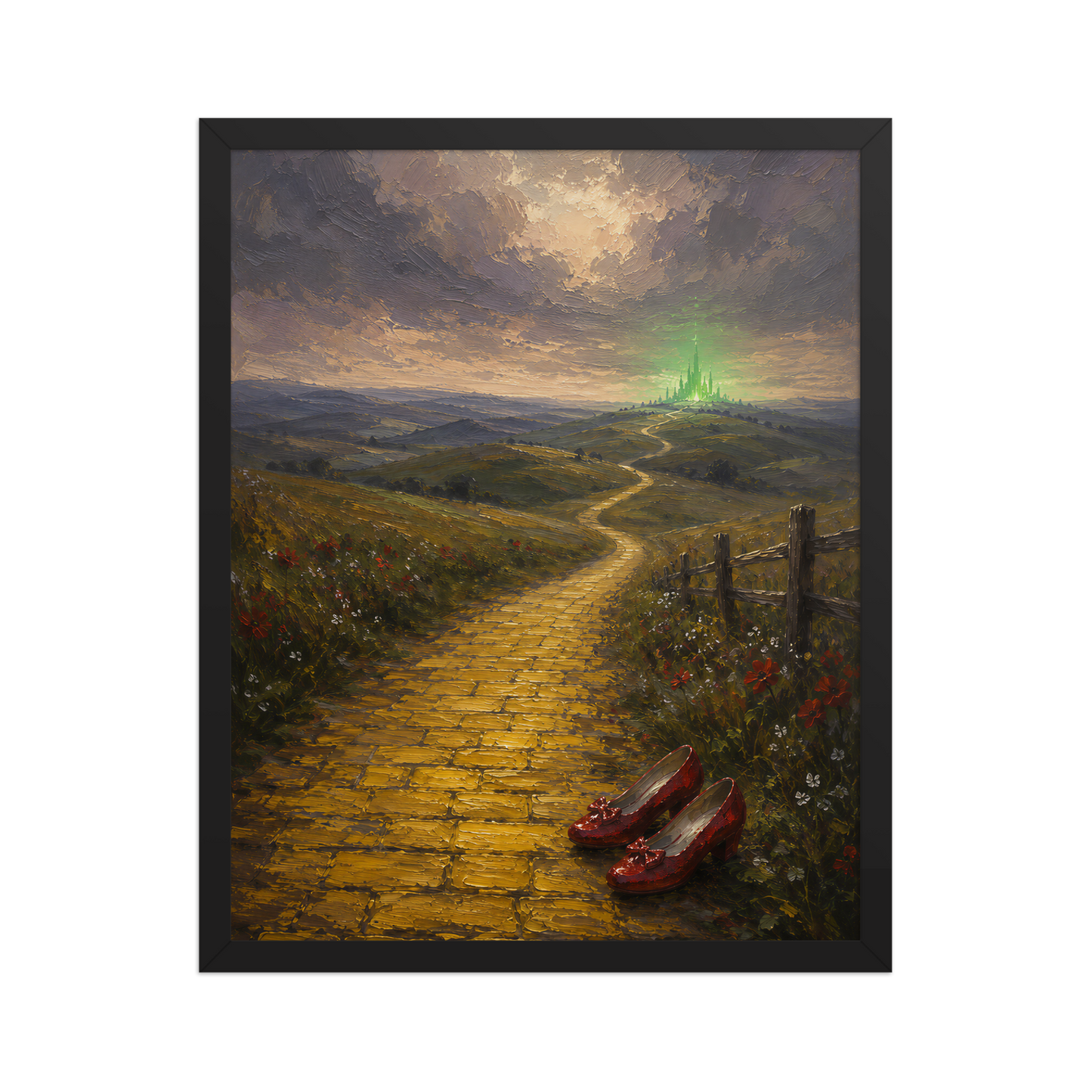 Framed Yellow Brick Road poster featuring ruby slippers beside a winding golden path leading toward a distant emerald city, inspired by There's No Place Like Home, original Visual Poetry artwork.