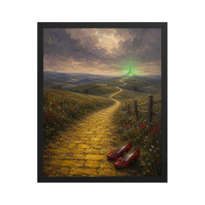 Framed Yellow Brick Road poster featuring ruby slippers beside a winding golden path leading toward a distant emerald city, inspired by There's No Place Like Home, original Visual Poetry artwork.