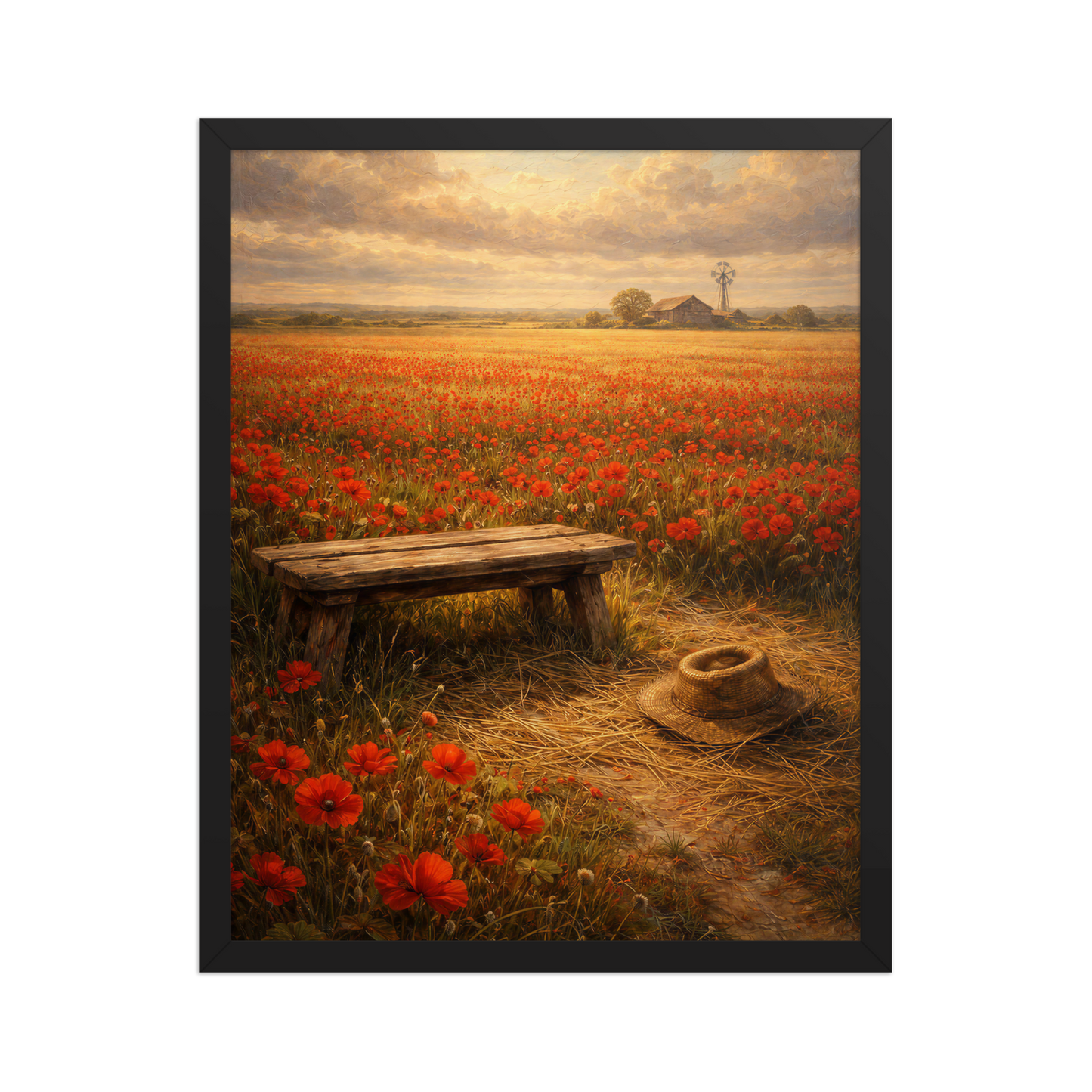 Framed Poppy Field poster featuring a rustic bench, straw hat, and a vast field of red poppies beneath a glowing countryside sky, inspired by The Deadly Poppy Field, original Visual Poetry artwork.
