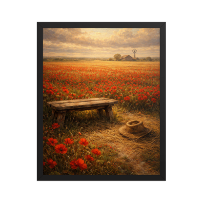 Framed Poppy Field poster featuring a rustic bench, straw hat, and a vast field of red poppies beneath a glowing countryside sky, inspired by The Deadly Poppy Field, original Visual Poetry artwork.