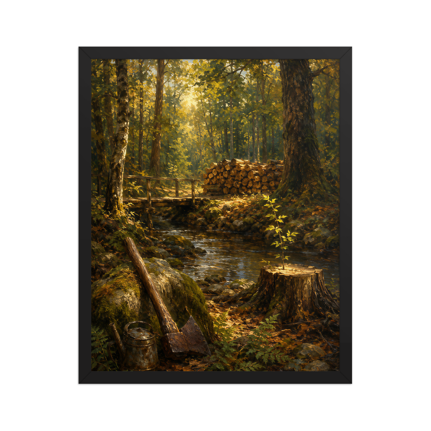 Framed Forest Clearing poster featuring a woodland stream, rustic bridge, axe, stacked firewood, and a young sapling growing from a tree stump, inspired by Follow the Yellow Brick Road, original Visual Poetry artwork.