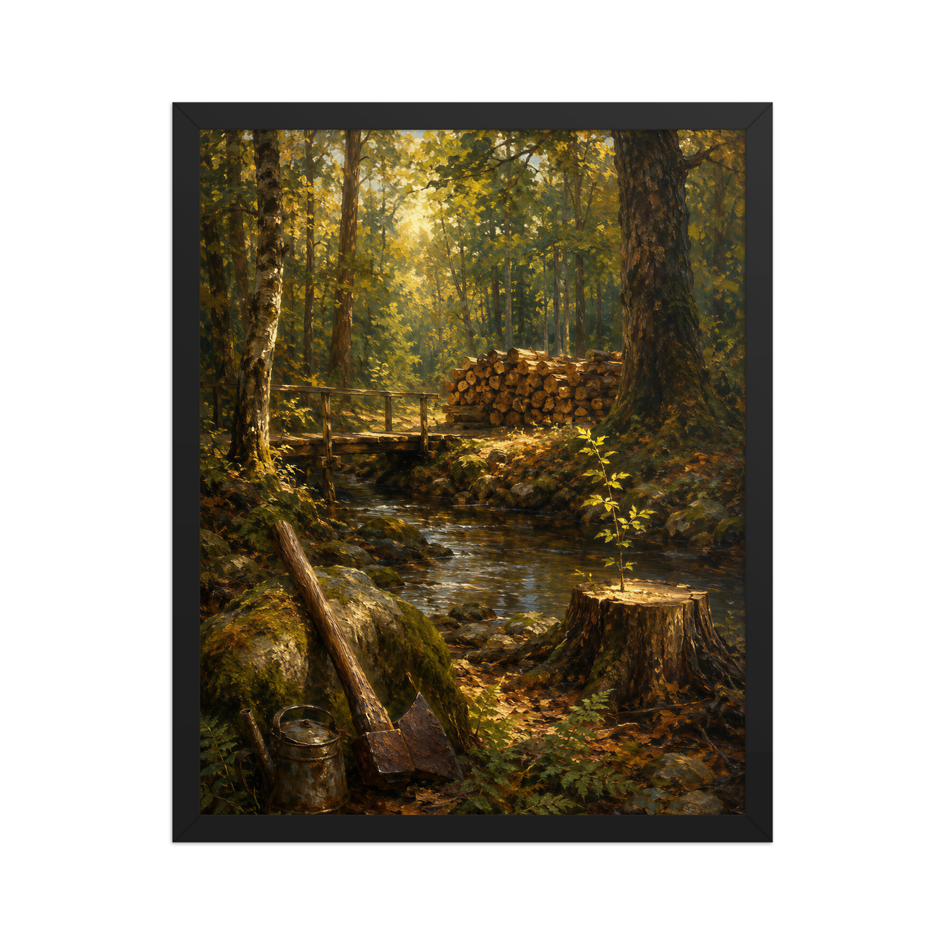Framed Forest Clearing poster featuring a woodland stream, rustic bridge, axe, stacked firewood, and a young sapling growing from a tree stump, inspired by Follow the Yellow Brick Road, original Visual Poetry artwork.