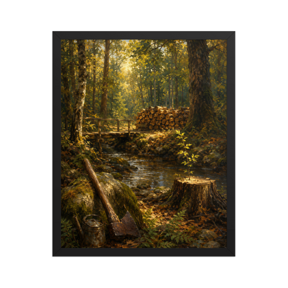 Framed Forest Clearing poster featuring a woodland stream, rustic bridge, axe, stacked firewood, and a young sapling growing from a tree stump, inspired by Follow the Yellow Brick Road, original Visual Poetry artwork.