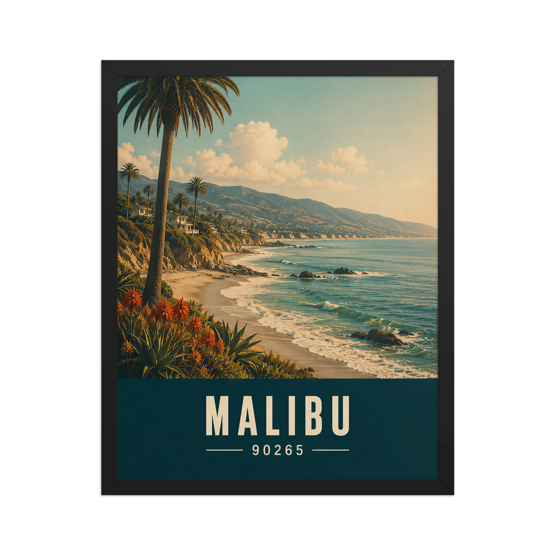 Framed Malibu California retro travel poster with 90265 zip code, coastal beach wall art