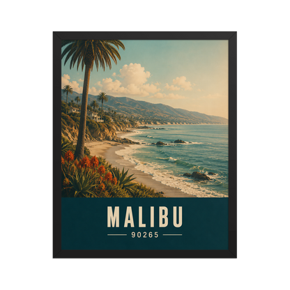 Framed Malibu California retro travel poster with 90265 zip code, coastal beach wall art