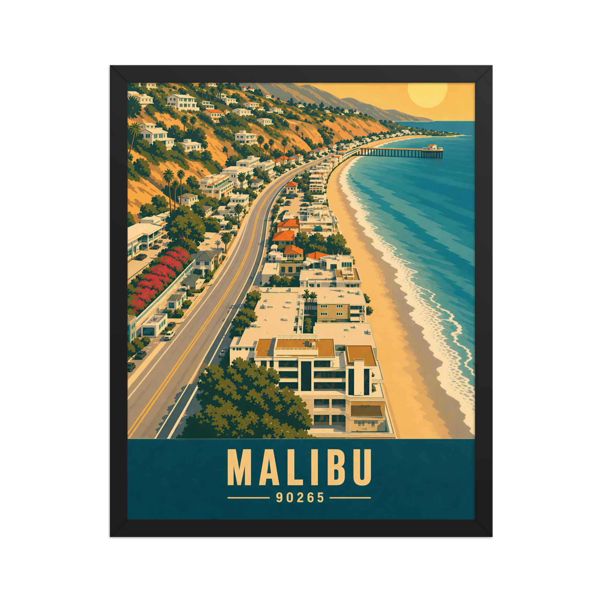 Framed aerial Malibu Pacific Coast Highway poster with 90265 zip code