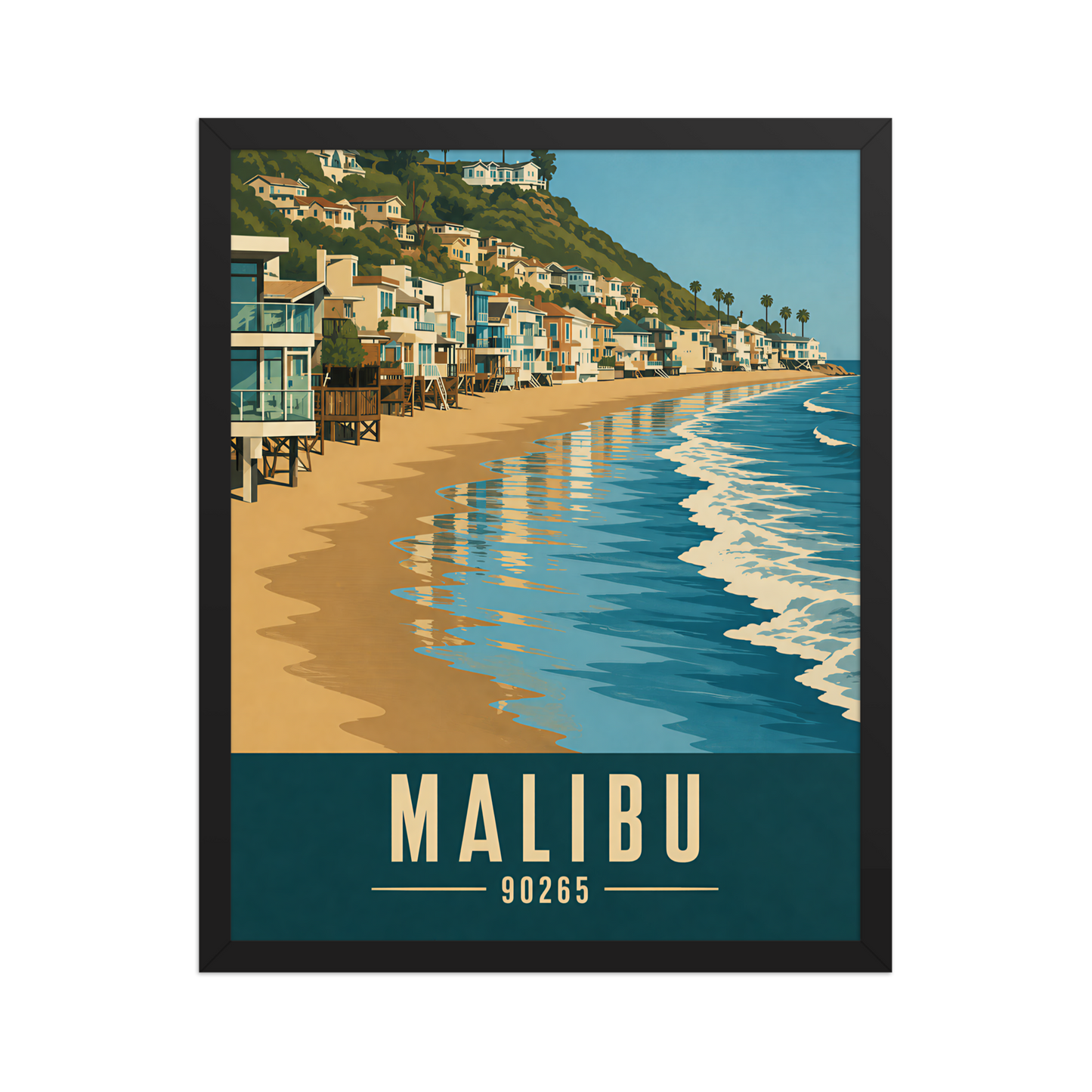 Framed Malibu beach house coastal poster with 90265 zip code