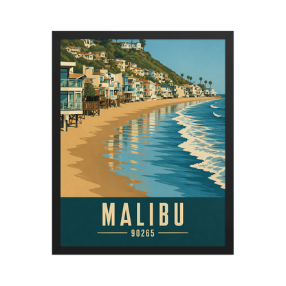 Framed Malibu beach house coastal poster with 90265 zip code