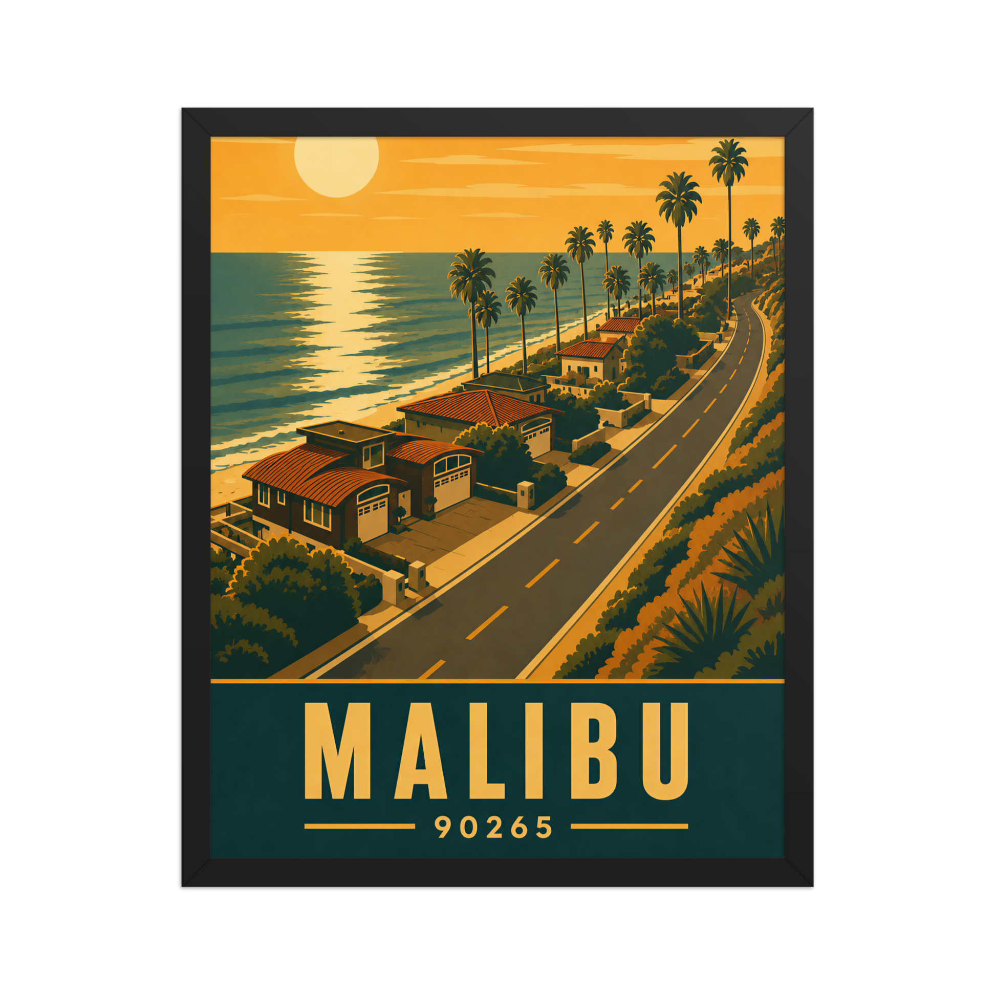 Framed Malibu palm-lined sunset coastal road poster with 90265 zip code