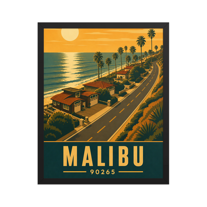Framed Malibu palm-lined sunset coastal road poster with 90265 zip code